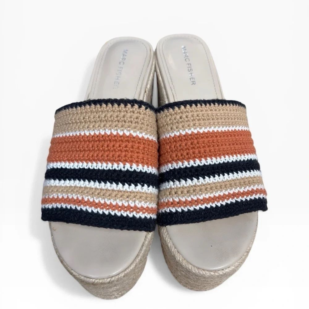 Marc Fisher Lannia Striped Crochet Espadrille Wedge Platform Shoe Size 10